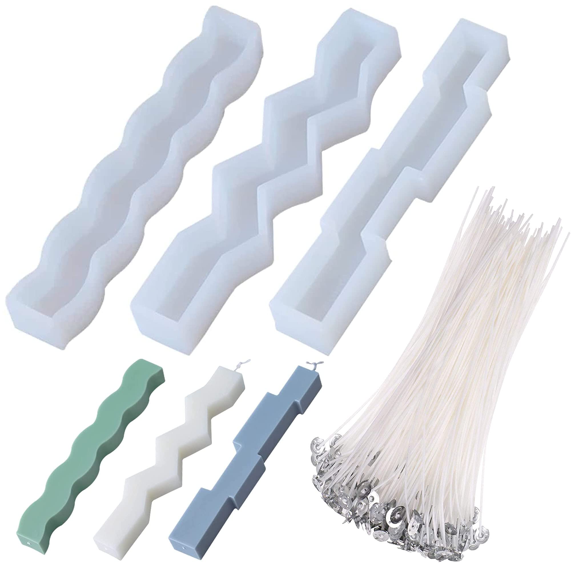 Cayway Silicone Moulds - 103 PCS Resin Casting Candles, 3 Long Wave Moulds & 100 Wick Set for DIY Pillar Candles
