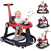 Baby Walker with Wheels, 5-in-1 Foldable Infant Toddler Walker for Boys Girls 6-18 Month, Music Walker for Baby with Car Steering Wheel &Removable Footrest,Baby Push Walker in Red and Black