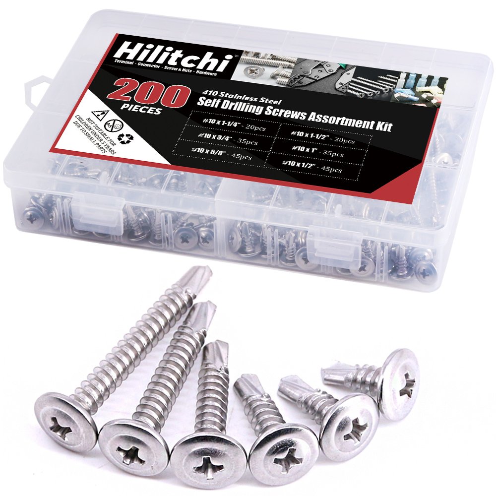 Hilitchi 410 Stainless Steel #10 Wafer Head Phillips Self Drilling Screws Sheet Metal Tek Screws Assortment Kit, Modified Truss Head Self Driller - Size: #10 x 1/2'' - 1-1/2'' - Pack of 200