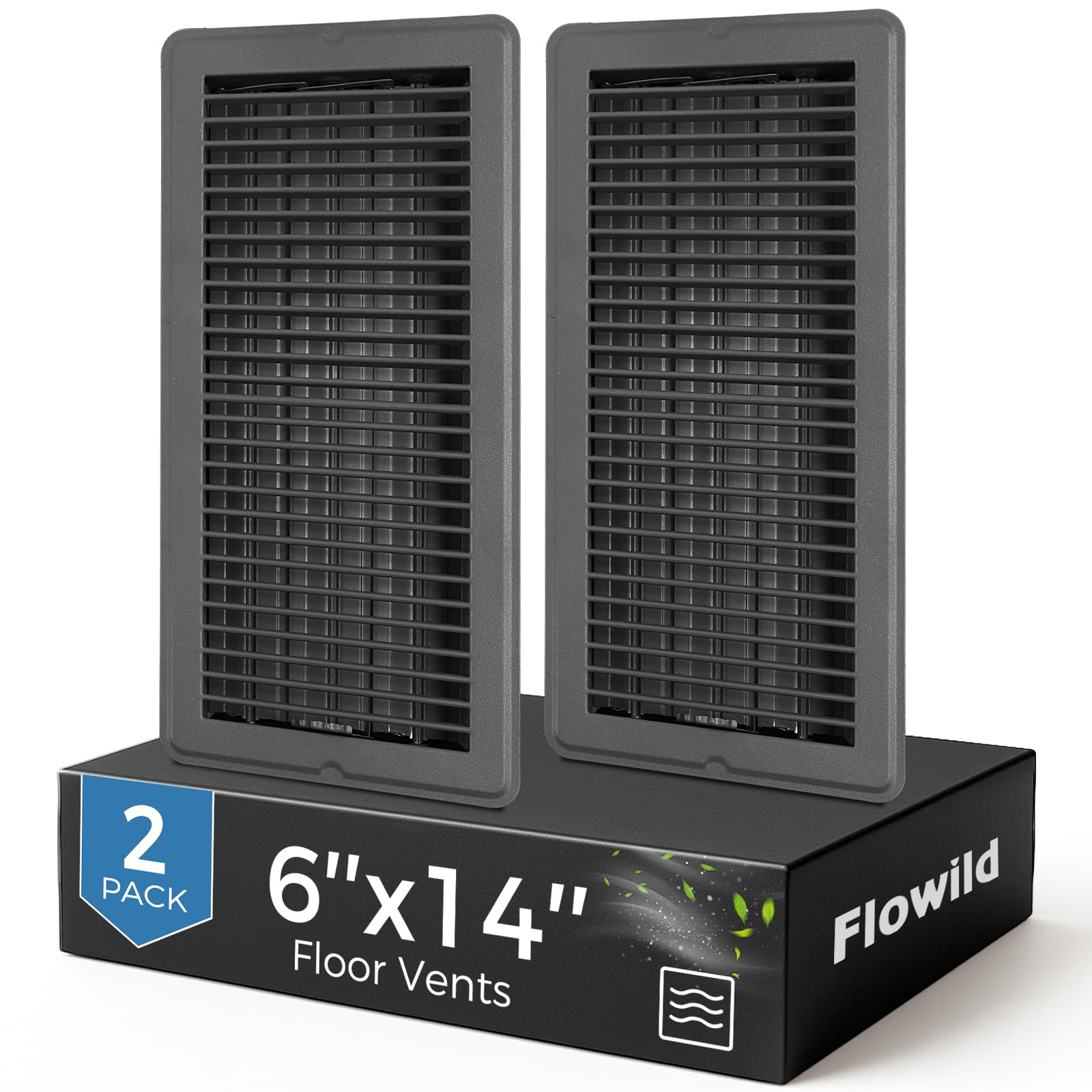 Photo 1 of Flowild 2 Pack 6x14 Inch Heavy Duty Steel Grey Floor Vents, Walkable Vent Covers with Easy Adjust Air Supply Lever for Home Floor