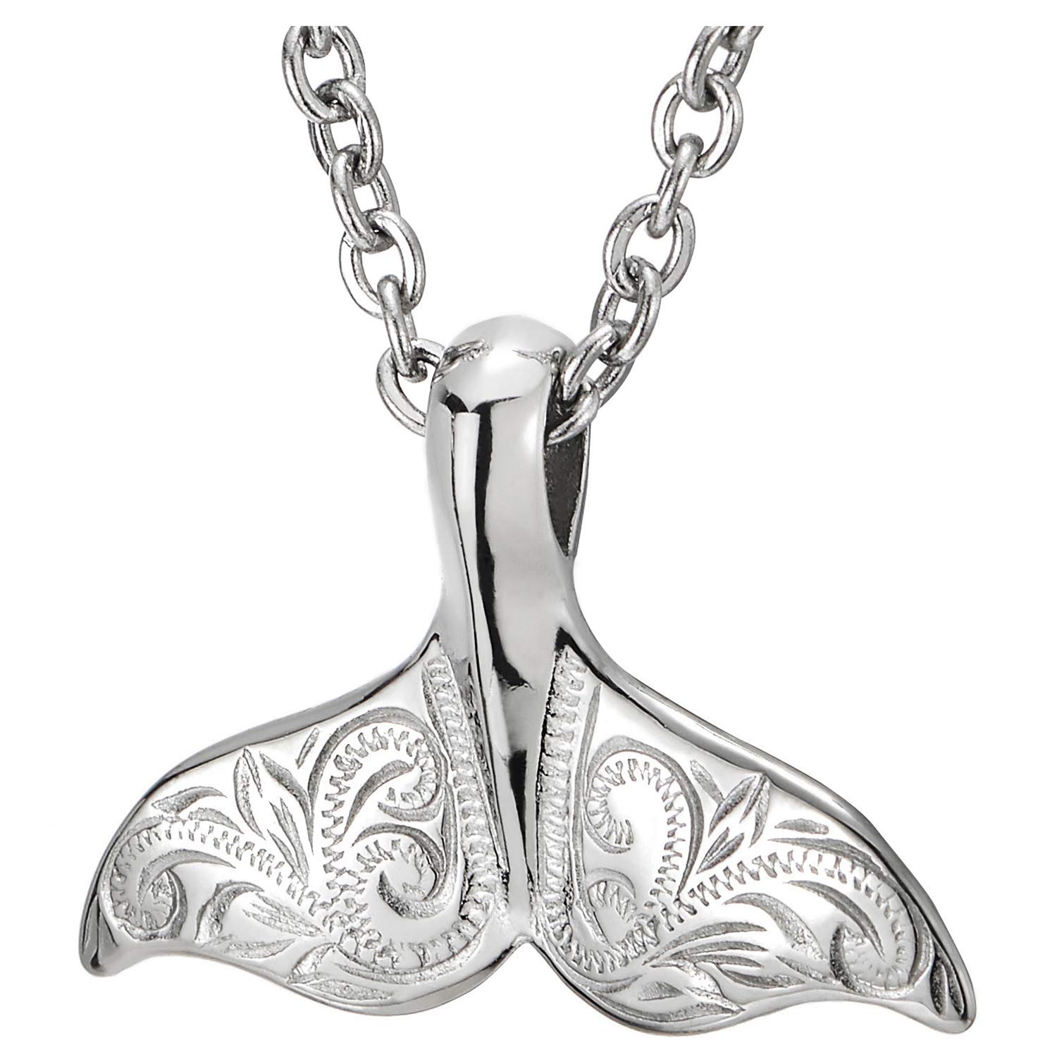 COOLSTEELANDBEYOND Steel Mens Womens Whale Dolphin Tail Pendant Necklace with Filigree Swirl Patterns, 20 in Rope Chain