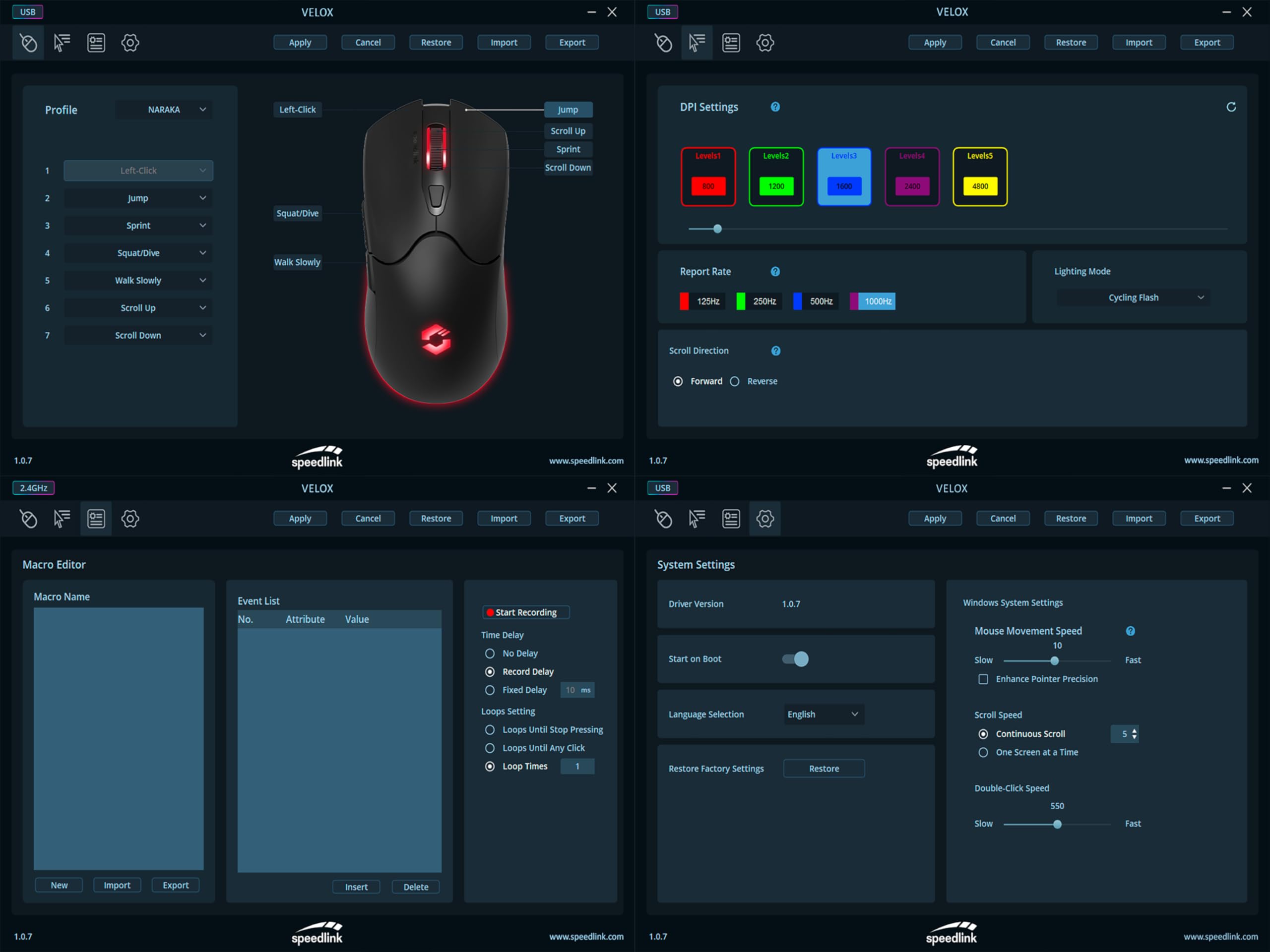 Speedlink Velox - Wireless RGB Gaming Maus kabellos mit Akku wiederaufladbar USB-C, 4800dpi, programmierbar, leicht, PixArt PAW3212, 2.4G USB-A Nano Empfänger, farbige LED Beleuchtung, schwarz 9