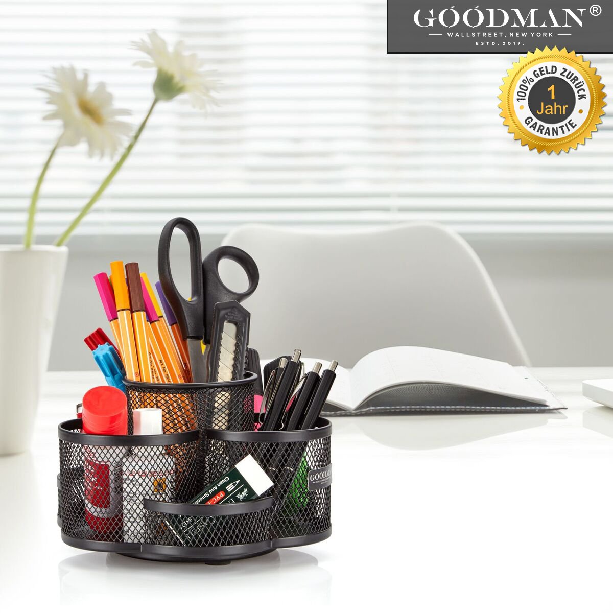 Rotating Desk Organiser in Black – High Quality and Large Round Metal Elegant Desk Organizer Pen Holder with Pen Holder, Office Organiser in Modern Design