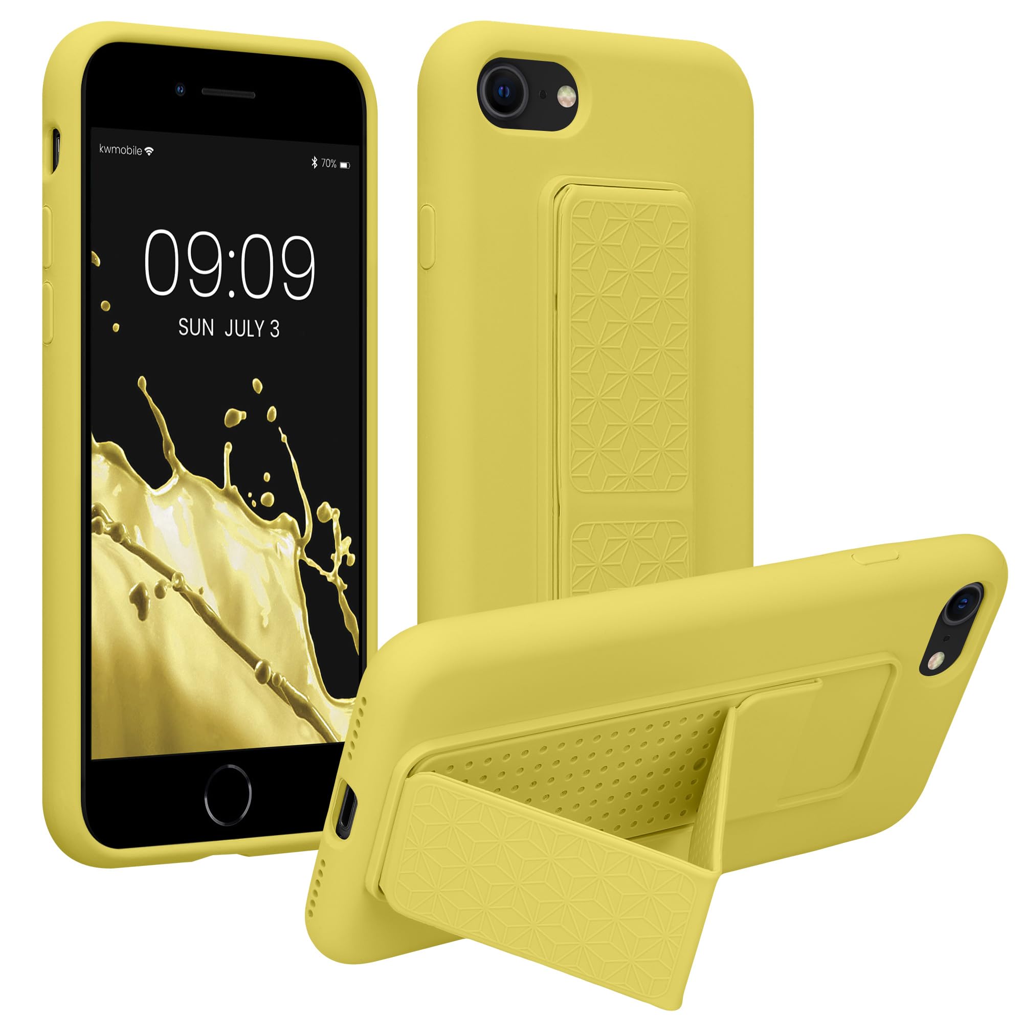kwmobile Case for Apple iPhone SE (2022) / SE (2020) / 8/7 Case - Soft TPU Cover with Silicone Coating - With Hand Strap and Stand Function - Shockproof - Radiant Yellow
