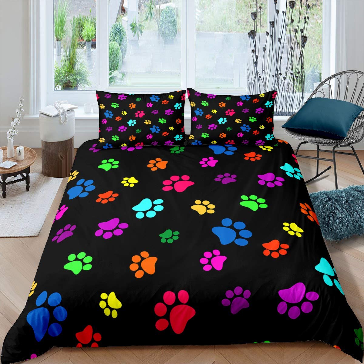 Loussiesd Cat Dog Paw Prints Duvet Cover Set King Size for Girls Kids Teens Footprint Pattern Bedding Set Paw Print Traces Comforter Cover with 2Pillow Shams Colorful Soft Microfiber Zipper — image 1
