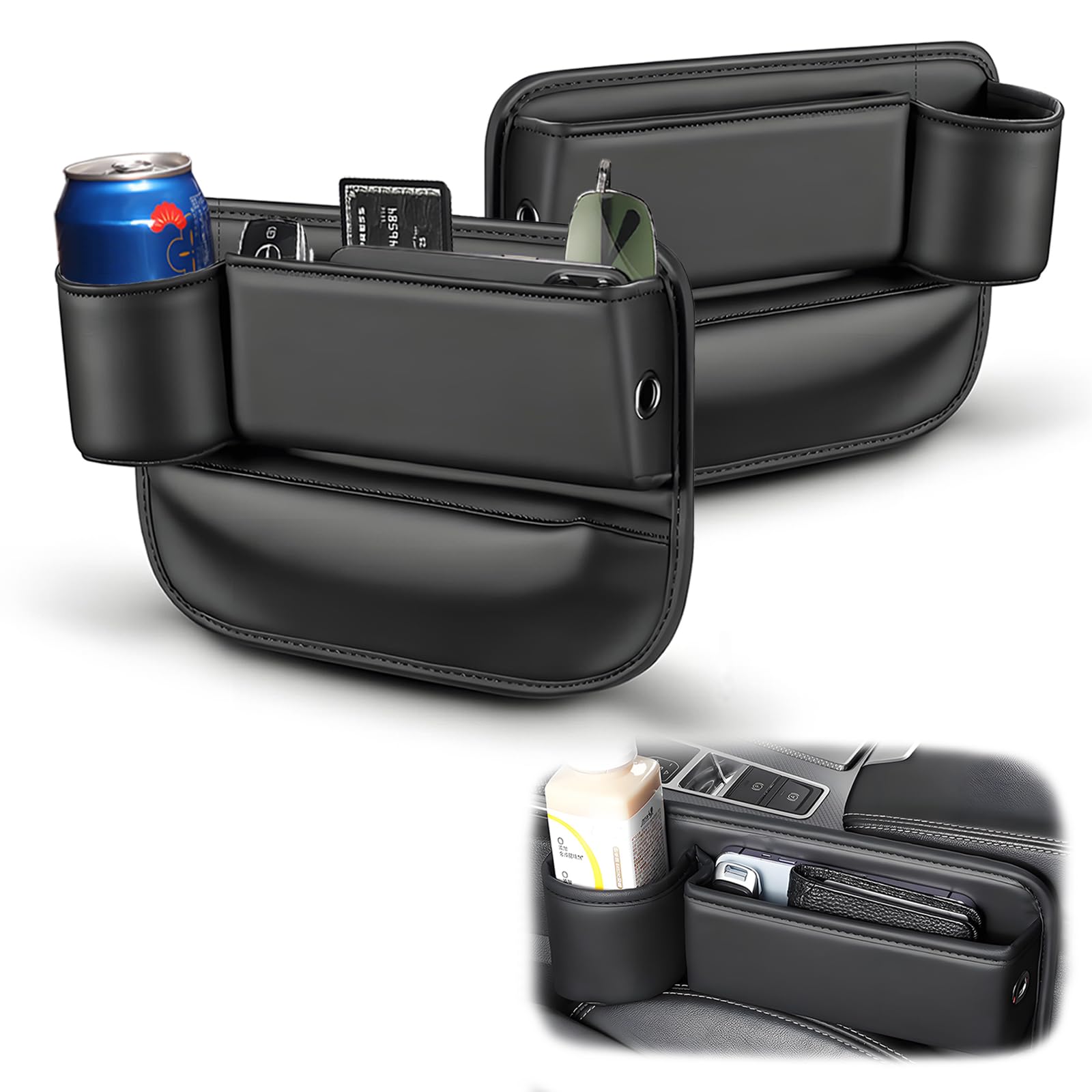 Photo 1 of Car Seat Gap Filler Organizer, Universal Premium Leather Seat Organizer, Seat Gap Storage Box with Bottle Holder, Car Leather Gap Bag Front Center Console Seat (Driver+Passenger 2 Pack)