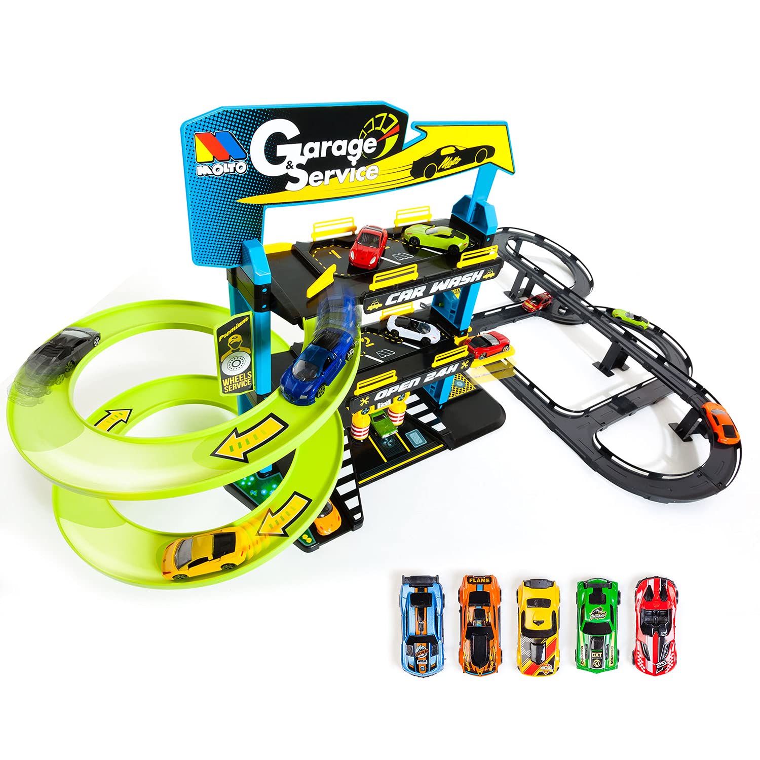 MOLTO | Children's Parking 3 Floors with Garage, Ramps, Utility Room, Elevator and Gas Station | Includes 5 Toy Cars and Outdoor Track | Educational Toys for Boys and Girls | + 3 Years