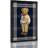 Retro Teddy Bear Poster Gentleman Bear in a Sweater Canvas Wall Art Minimalist Abstract Animal Tartan Magazine Prints Painting For Living Room Apartment Nursery Wall Decor 12x16in Unframed