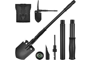 YEACOOL Survival Shovel, (28.3'') Camping Folding Shovel, Military Spade Multitool, Tactical Trench Tool, with Pickaxe, Compass, Whistle, Molle Bag for Digging, Metal-Detecting, Off Roading, Emergency