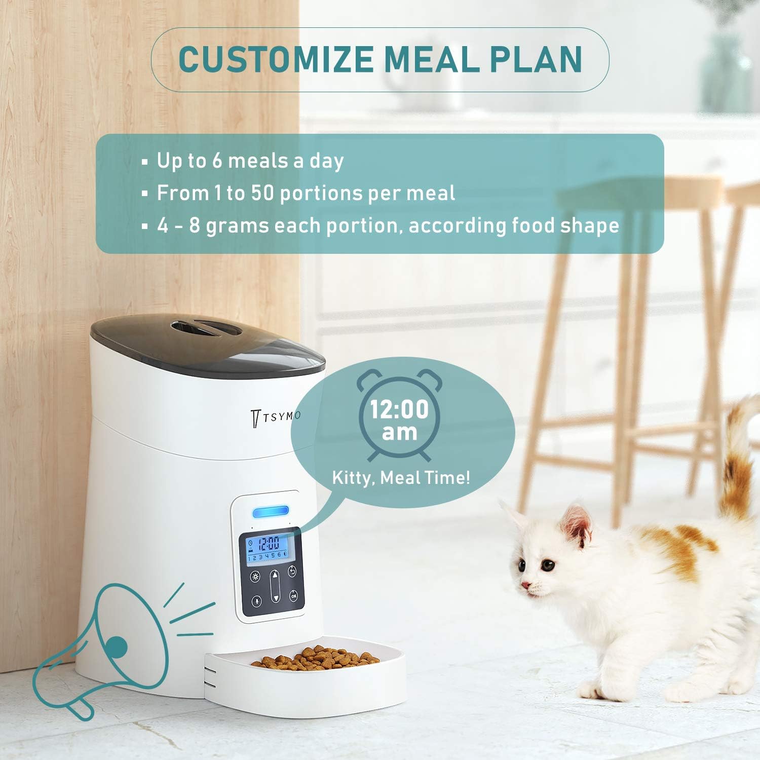 Pet Supplies : TSYMO Automatic Cat Feeder - 1-6 Meals Auto Dog Food Dispenser with Anti-Clog Design, Timer Programmable, Voice Recording & Portion Control for Small & Medium Pets (4 L White) : 