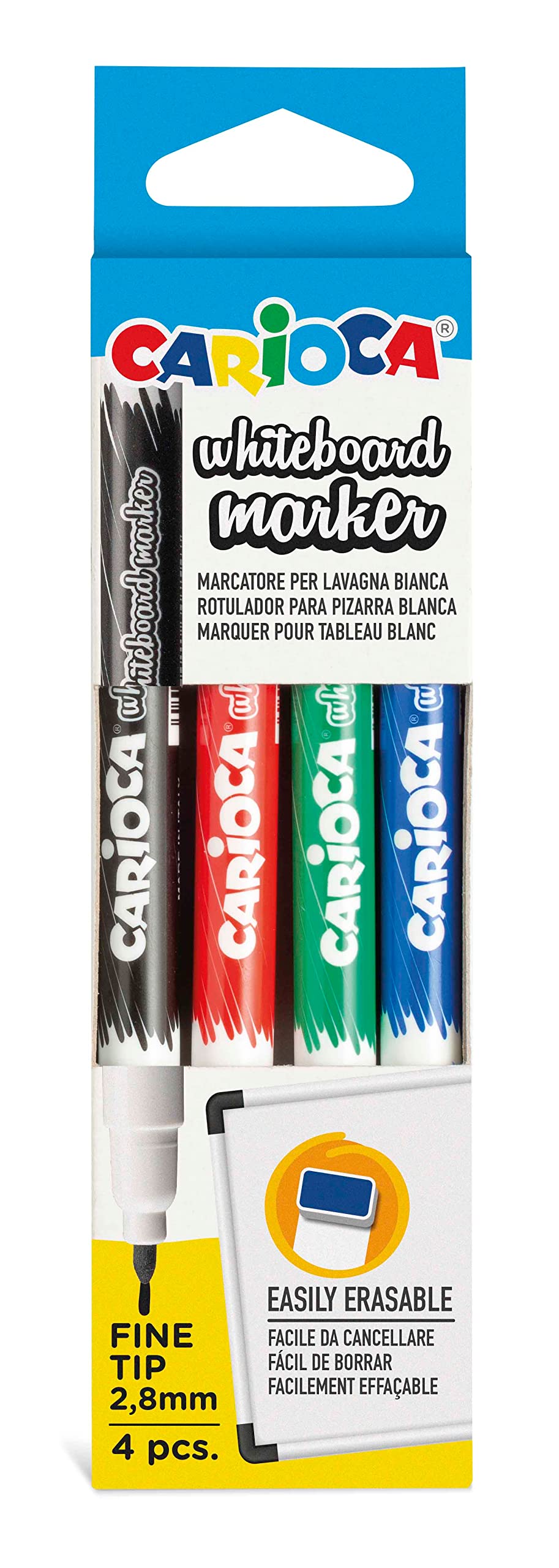Carioca Fine Erasable Whiteboard Markers - Assorted Colours (Pack of 4)