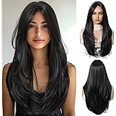 Nuxovin Black Real Hair Wigs for Women Long with Bangs Natural Straight Wigs Human Hair Heat Resistant for Daily Party Cosplay Wear