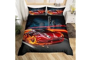 FEELYOU Race Car Bedding Set Twin Size Burning Red Flame Duvet Cover Set 3D Sports Car Comforter Cover 2 Pieces Bedding Boy's Sport Decor Bedspread Cover for Kids Teens Boys Modern Style Quilt Cover