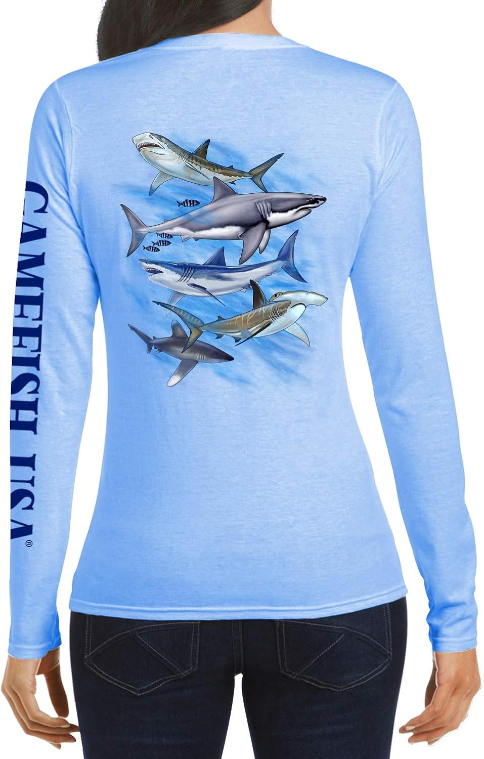 Women's UPF 50 Lightweight Microfiber Moisture Wicking Performance Fishing Shirt Sharks