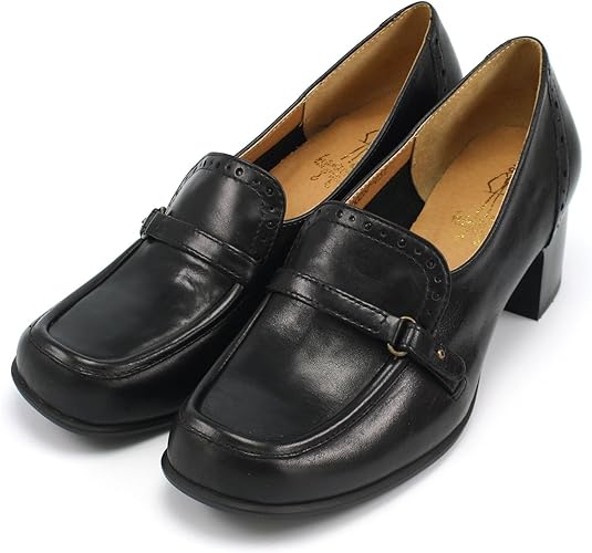 Amazon アシナガオジサン あしながおじさん 本革 スクエアトゥ トラッド ヒール ローファー パンプス 24 5cm ブラック ウェア シューズ パンプス