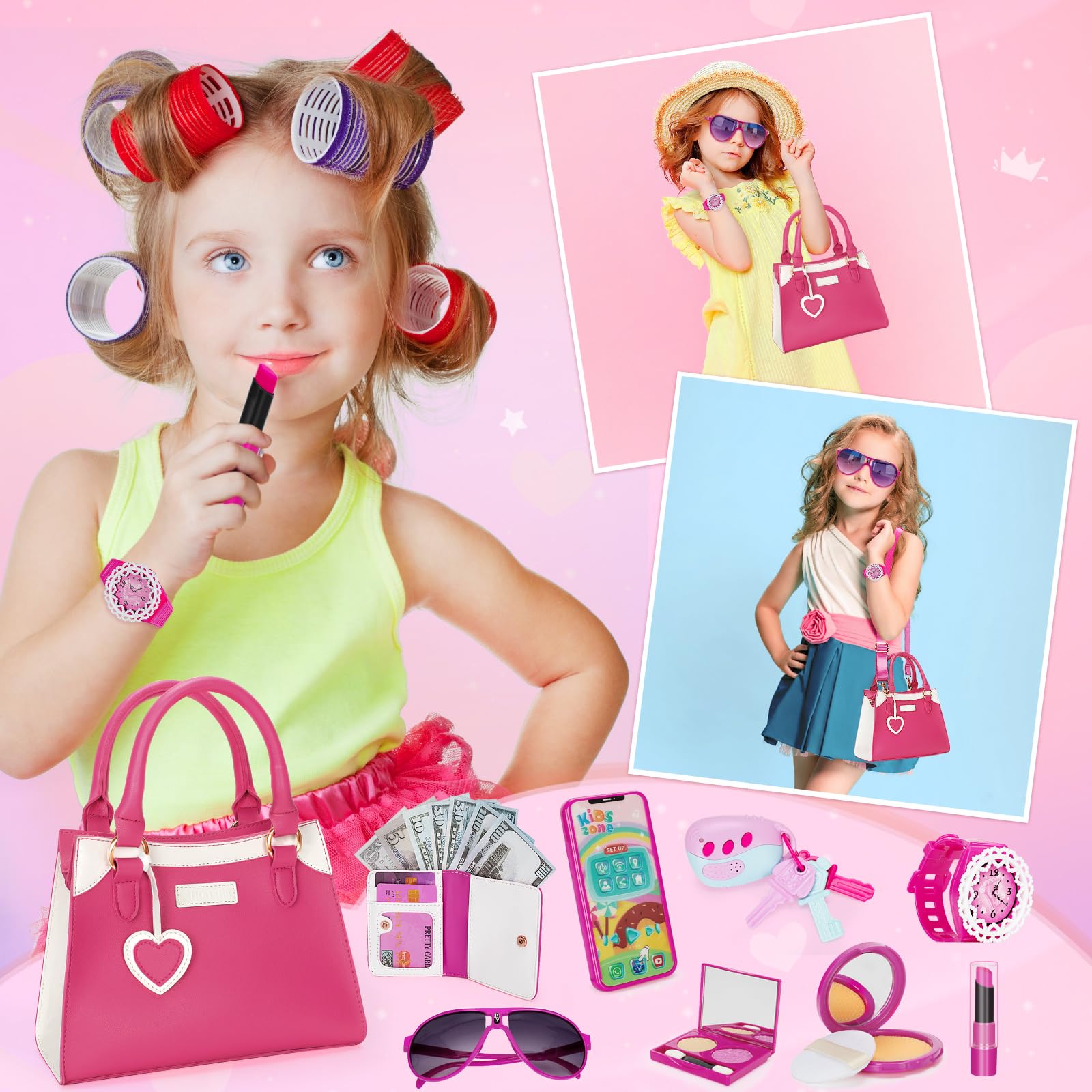 thumbnail image 2 of Kids Pretend Play Little Girl Purse Accessories, Princess Toy Cell Phone W/ Light And Sound, Fake Makeup Handbag Wallet Keys Credit Card Water Bottle Birthday Gifts Toys For 3 4 5 6 7 8+ Year Old Girl 2 of 12