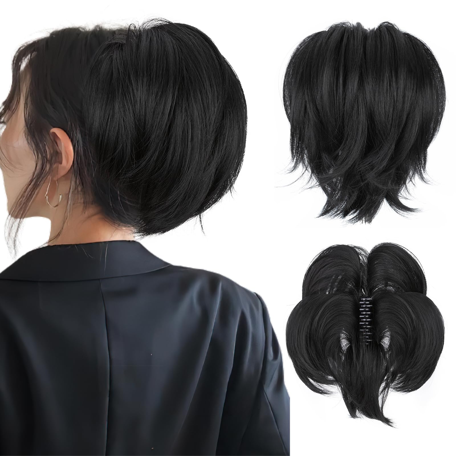 SEGOHAIR Claw Clip Short Ponytail Extension Messy Bun Hair Piece, Bendable Metal Wire Fake Bun Hair Pieces for Women-Fake Ponytail DIY Styles Hair Buns Hair Piece-Black
