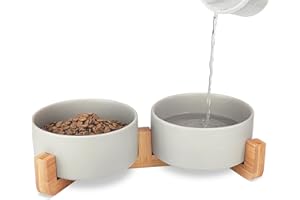 KPWACD Ceramic Dog Bowl for Food and Water, Weighted Dog Bowls Set with Anti-Slip Wooden Stand, 400ml/14OZ Dog Dish Bowl Suitable for Small, medium and Large Sized Pets, Grey