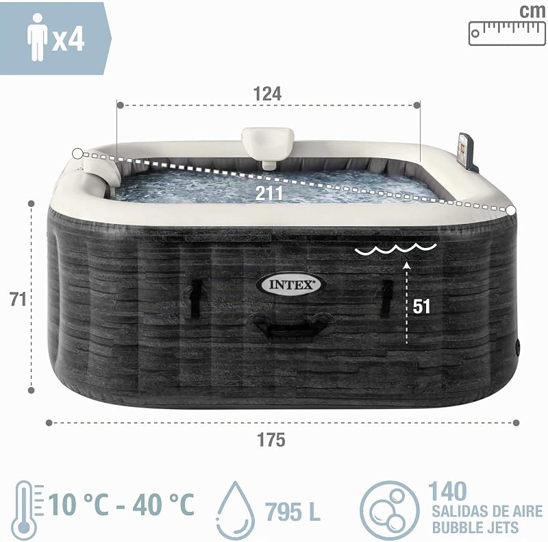 55090 - SPA Hinchable Exterior e Interior para 4 Personas, Medidas 175x175cm, Capacidad 795 litros, Temperatura del Agua 10º- 40º, SPA Inflable, bañera