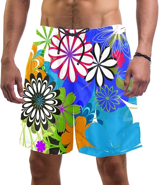 nakw88 Colorful Flowers Swim Shorts for Men Swim Trunks Men’s Bathing Suits Swimwear with Mesh
