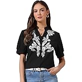 Allegra K Summer Tops for Women Cotton Floral V Neck Short Sleeve Shirt Embroidered Blouses Tunic