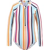 Girls Rash Guard Long Sleeve One Piece Swimsuits Stripes Zipper Bathing Suits UPF 50+/Sun Protection