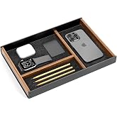 UPERGO Walnut &amp; Aluminum Valet Tray, Desk Drawer Organizer Tray for Desk | Nightstand Organizer for Men, 3-Compartment, Soft Felt Lining, Aluminum Frame, EDC for Men, Holds Keys Wallet Watch Pens