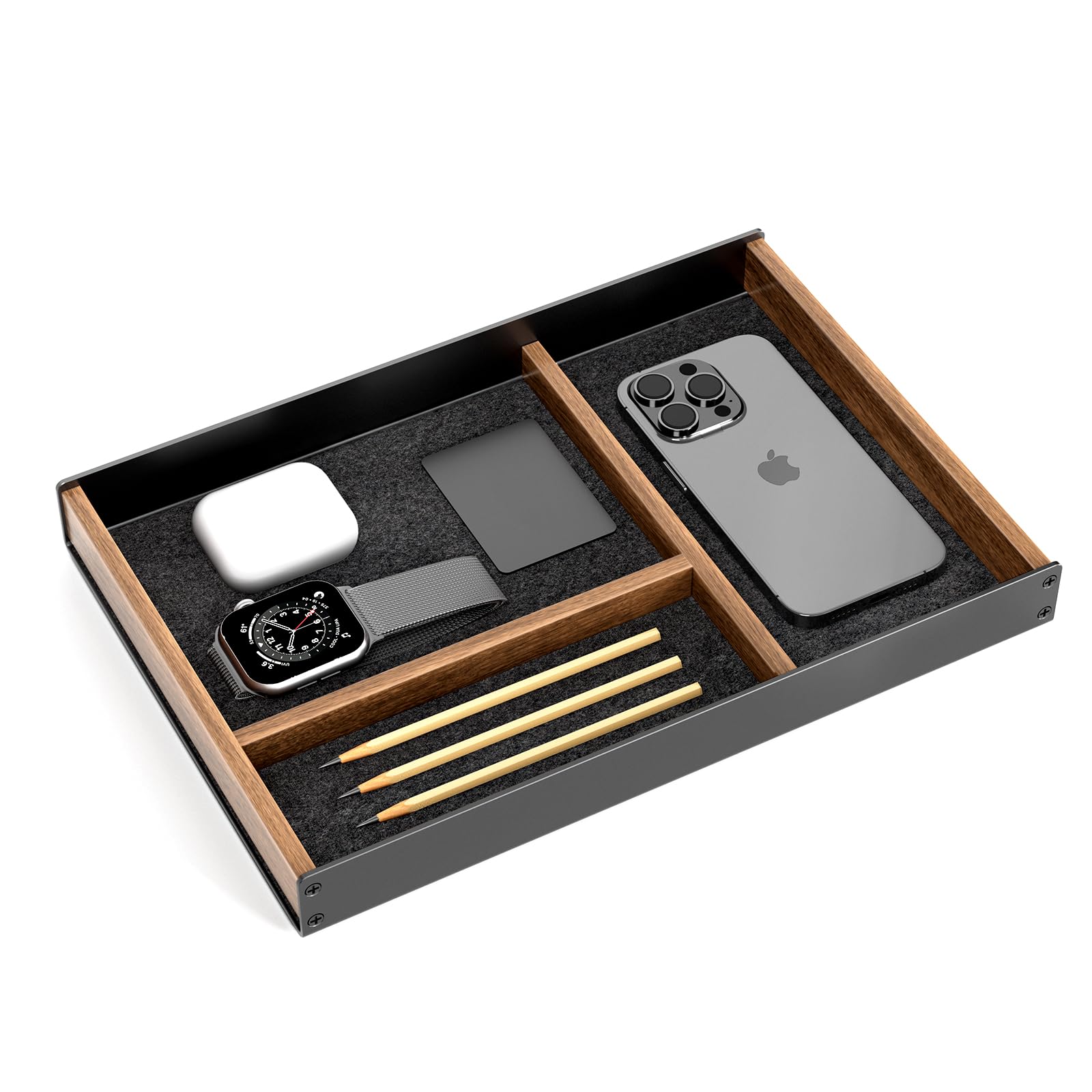 Photo 1 of UPERGO Desk Drawer Organizer Tray, Mens Valet Made of Aluminum and Walnut, Aesthetic Desk Accessories for Office Home Supplies