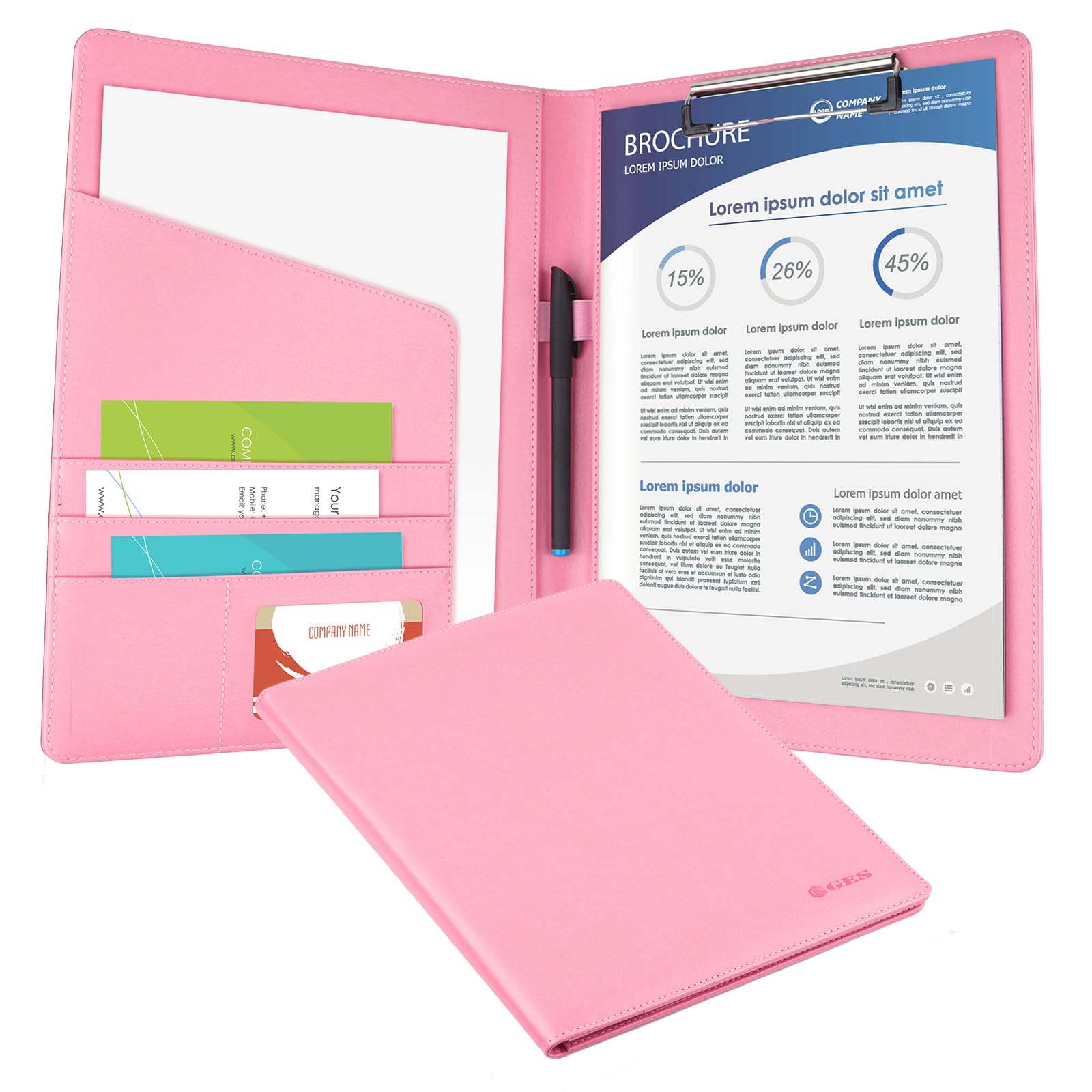 Leather Resume Storage Clipboard Folder Portfolio - GES Clipboard A4 Folder for Business School Office Conference (Pink)