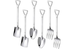 Pinenjoy 6Pcs Shovel Spoon Fork Set 18/10(304) Stainless Steel Spade Shape Utensils 6.1inch Stirring Spoon for Dessert Coffee Yogurt Cake Fruit Ice Cream