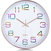 Lafocuse 12 inch Modern Analog Colorful Wall Clock for Girls Bedroom | Easy to Read 3D Rainbow Numbers, Silent Non Ticking, Pink Rose Gold Clock Battery Operated, for Girls Room Living Room Decor