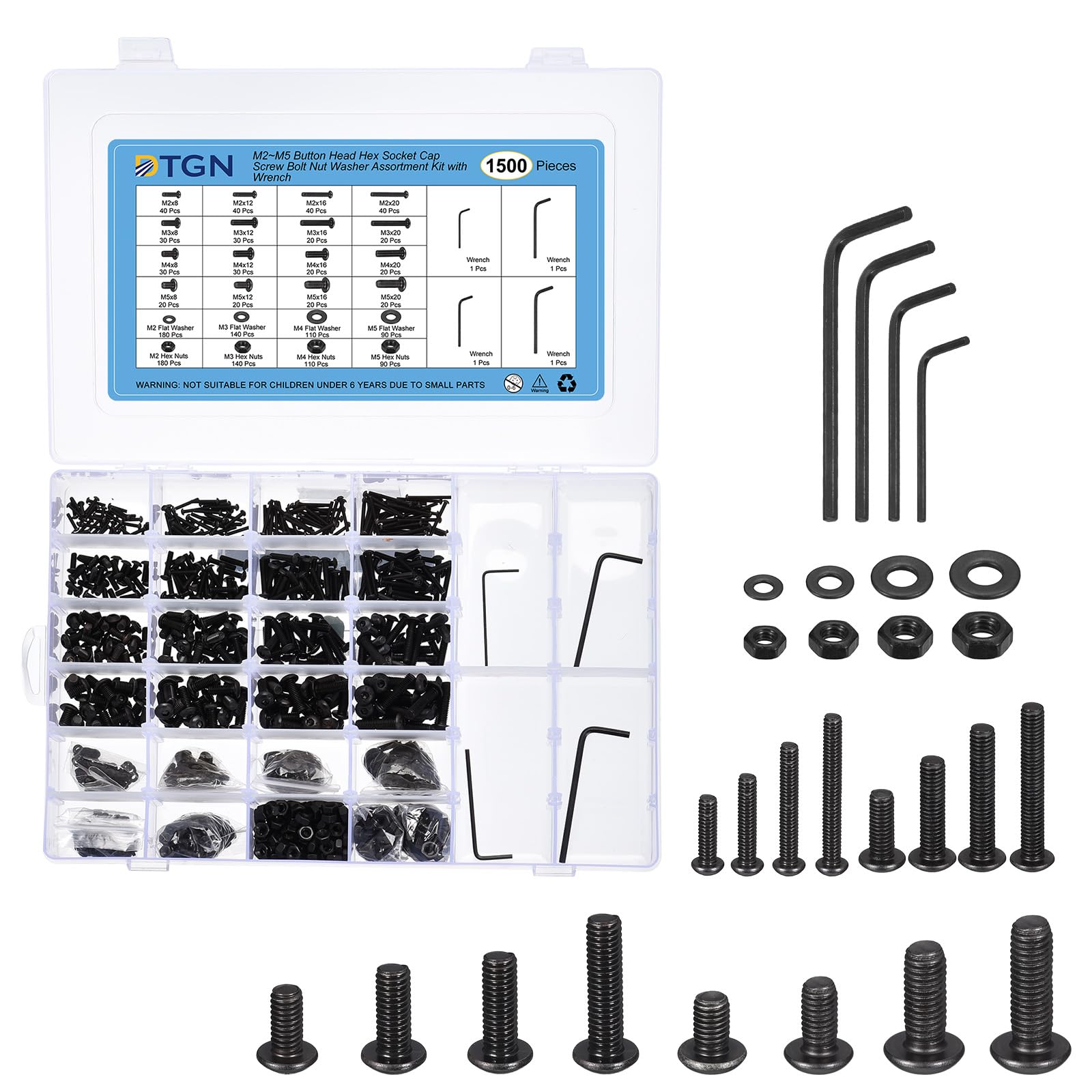 DTGN 1500Pcs M2 M3 M4 M5 Button Head Socket Cap Screws - Carbon steel Full Thread Bolt Nut Set Washer Assortment Kit & Wrench - Good for Machine, Furniture