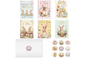 YVAINE 6 Pack Happy Easter Cards with Envelopes and Stickers Vintage Bunny Egg Floral Designs Greeting Cards for Holiday East