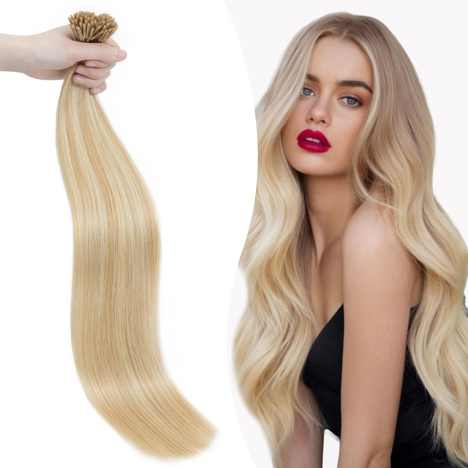 Silk-co 16inch Pre Bonded Stick Tip Human Hair Extensions 1g #18P613 Ash Blonde&Bleach Blonde 50 Strands Real Remy Keratin I Tip Hair Extension Straight