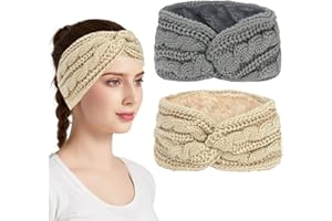 Semato 2 Pcs Ear Warmers Headband for Women Hair Accessories Thick Chunky Crochet Knitted Winter Turban Headbands Winter Accessories for Women and Girls (Light grey + khaki)