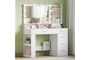 Hzuaneri Vanity Desk with Large HD Mirror, Dressing Table with LED Light and Charging Station, Makeup Table with 6 Open Compa