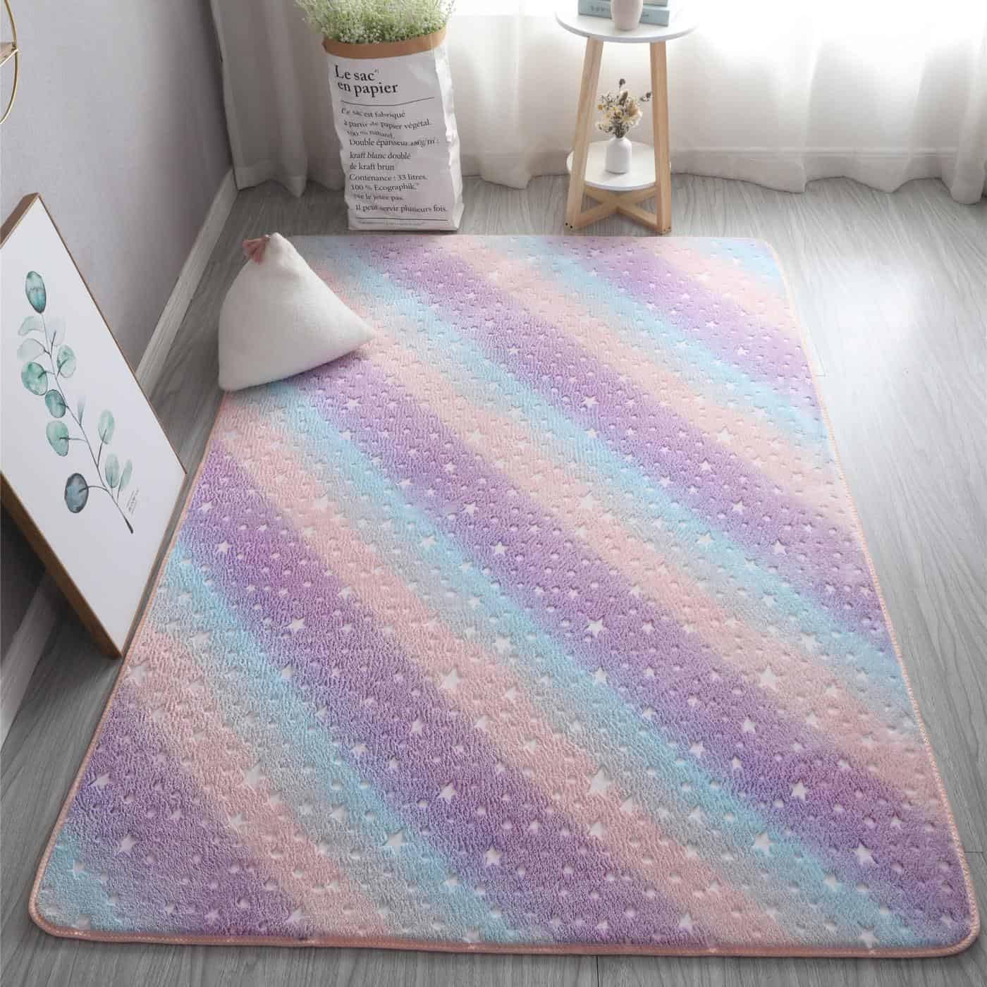 GGBOND Luminous Carpet Glow in the Dark Rainbow Stars Rugs, Short Plush Sponge Sandwich Soft Comfortable, 80x160cm