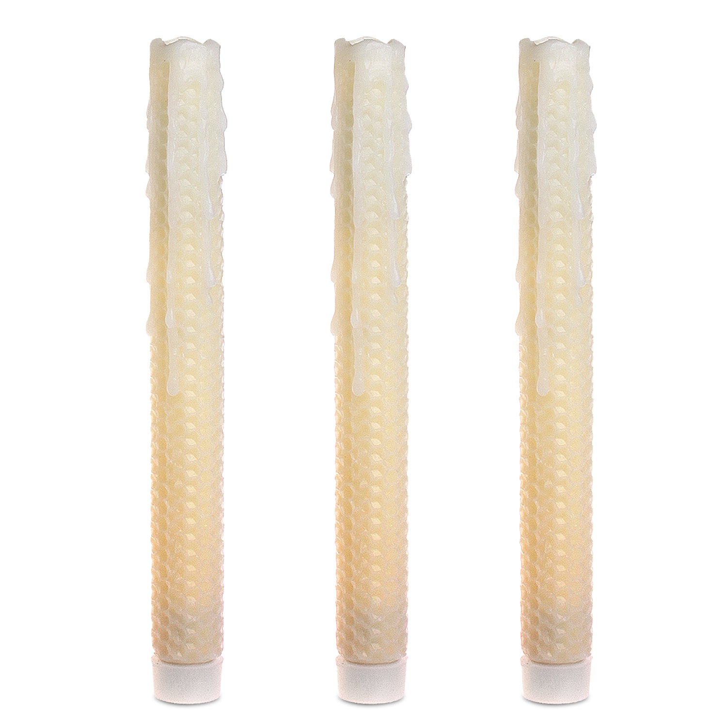 GiveU SIMPLUX DFL Honeycomb Pattern Dripped Flameless Real Wax Taper Candle (Pack of 3), 9", Ivory