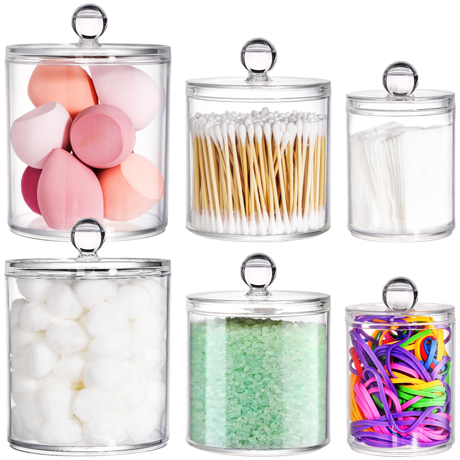 YOUEON 6 Pack Acrylic Apothecary Jars with Lids, 32/20/10 Oz Clear Qtip, Cotton Ball & Pad Holder, Bathroom Canister Candy Jar for Bath Salt, Cotton Pads, Candies