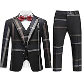 Boys Slim Fit Suit Tuxedo for Boy Check Plaid 3 Piece Suit Set for Kid Formal Boys Dress Clothes Wedding Ring Bearer Outfit