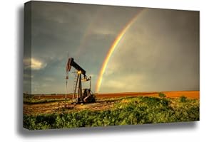SOUTHERN PLAINS PHOTOGRAPHY Oil and Gas Canvas Wall Art - Gallery Wrap of Pump Jack and Rainbow on Spring Day in Texas - Ready to Hang Oilfield Photo Artwork Decor (.75, 11" x 14")