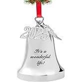 FKOG 2025 It's A Wonderful Life Christmas Bell Ornament, Silver Christmas Tree Bell and Sleigh Bell Ornament Decoration Gifts with Angel Wing Charm (It's a Wonderful Life Bell)