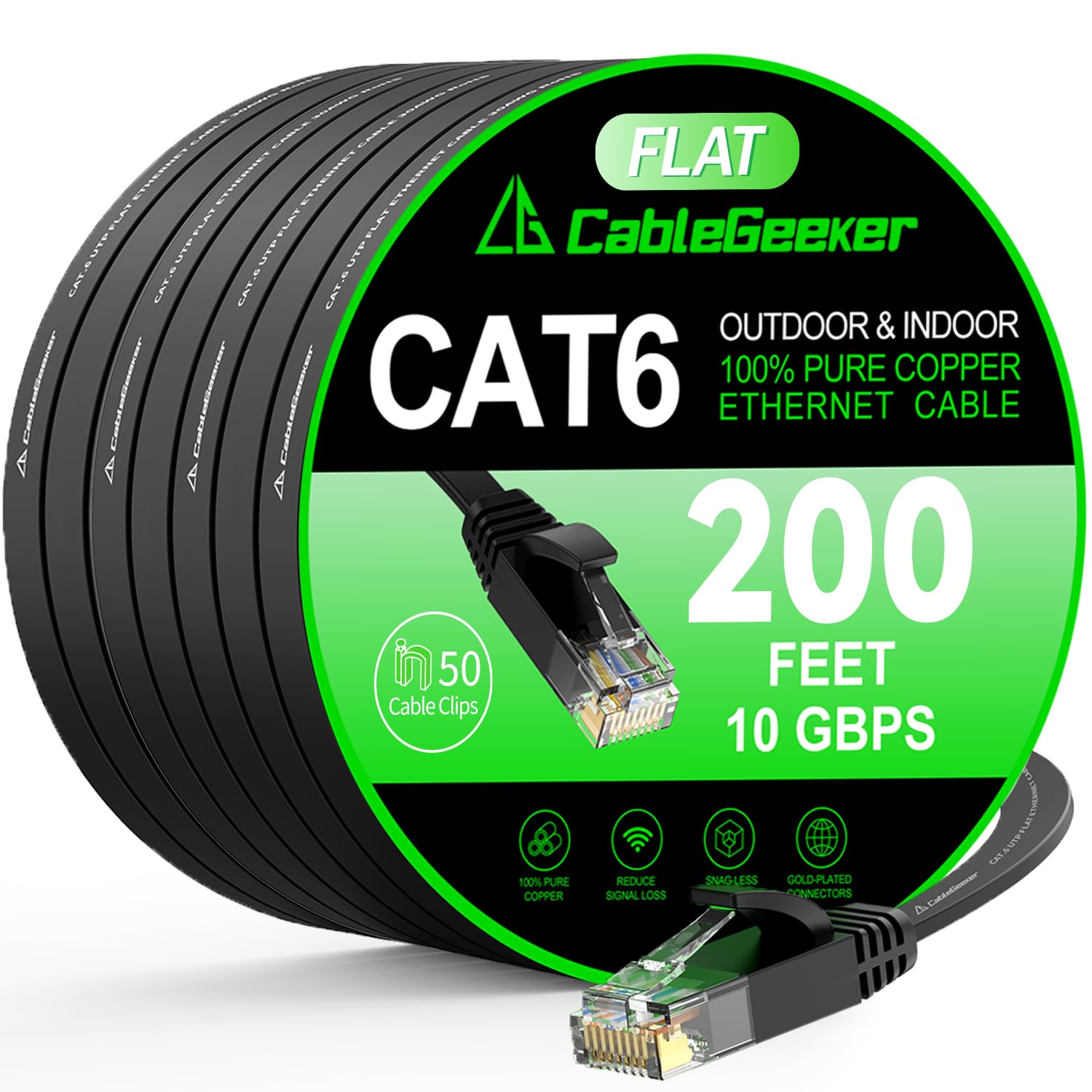 Photo 1 of Cat 6 Ethernet Cable 200 ft, High Speed 10Gbps Flat Internet Network Cable, Pure Copper Ethernet Patch Cable Long, Computer LAN Cable with Clips & Straps for Router, Modem, PS4/5, Black