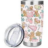 JarThenaAMCS Christmas Tumbler Pink Gingerbread Man Coffee Mug with Lid Straw Brush Stainless Steel Cup for Anniversary Holiday Birthday Party Favor Supplies, 20 Oz