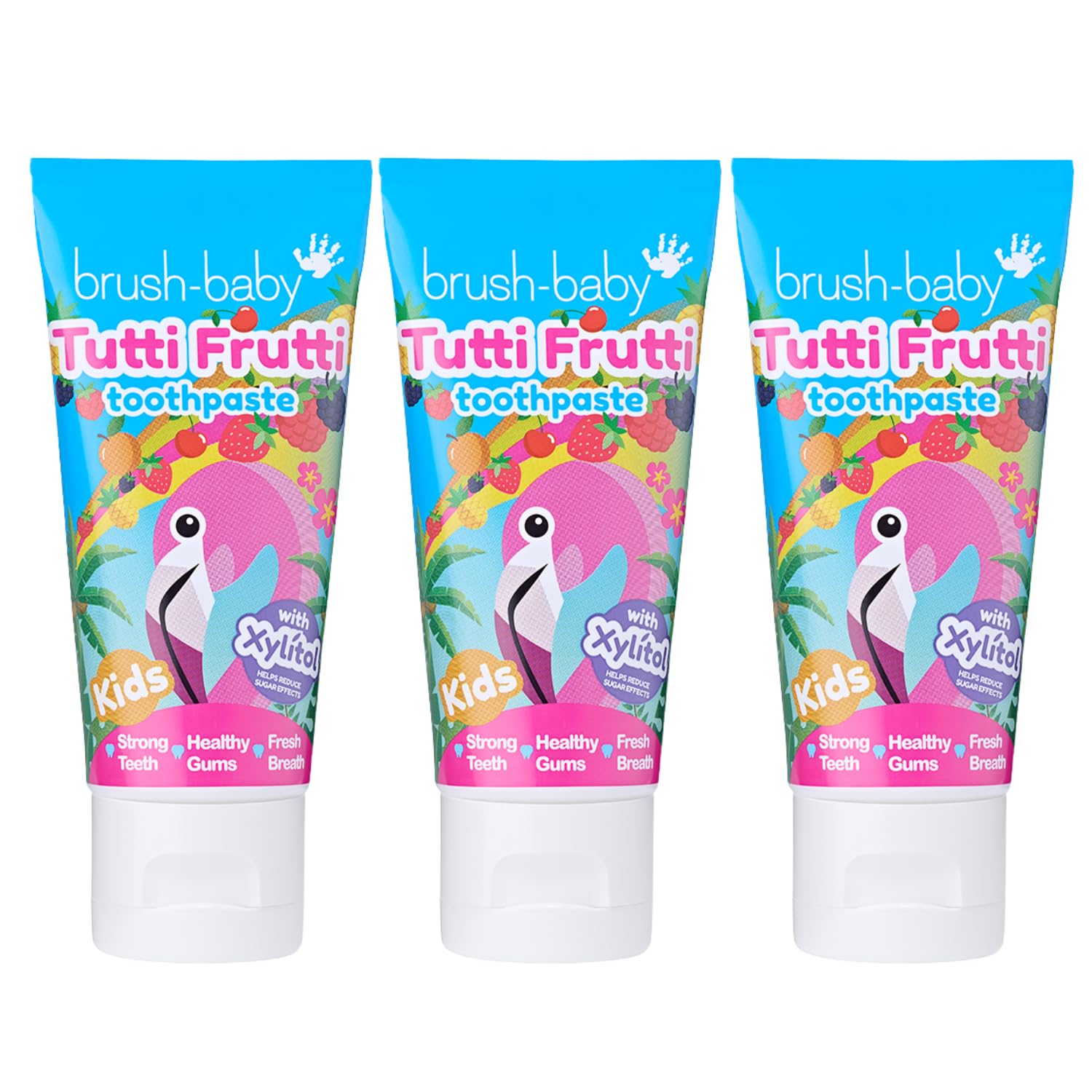 Brush-Baby - Tutti Frutti Kids Toothpaste 150ml (3 x 50ml Tubes) - for Ages 3+ - with Xylitol & Fluoride - Strong Teeth, Healthy Gums & Fresh Breath - Gentle Vegan Formula, Safe if Swallowed