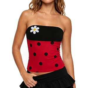 Aonoapll Women Y2k Strapless Tube Top Ladybug Bee Halloween Costume | Red Polka Dot Tube Top Yellow Black Striped Bandeau Top