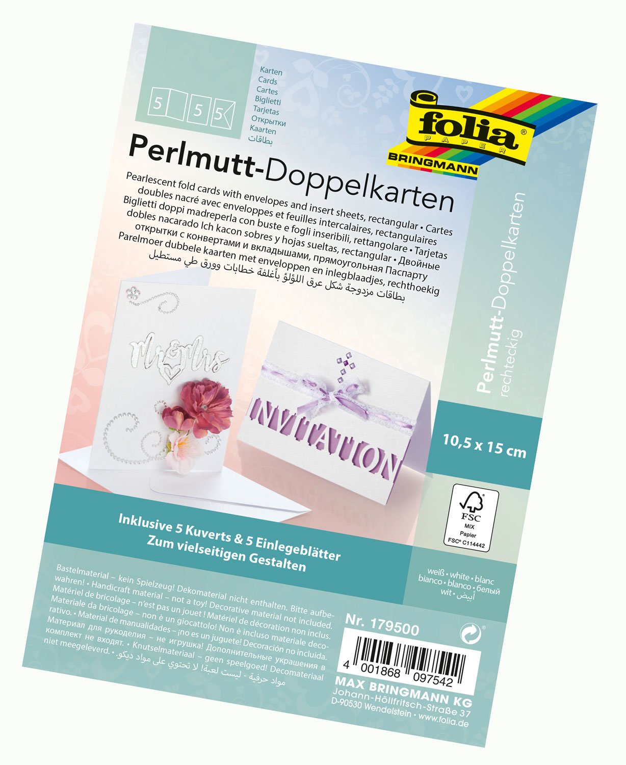 Folia 179500 Mother of Pearl Folded, Approx. 10.5 x 15 cm, 250 g/m², Set of 5, White, Ideal for Invitations, Congratulations or Greeting Cards, 10,5 x 15 cm