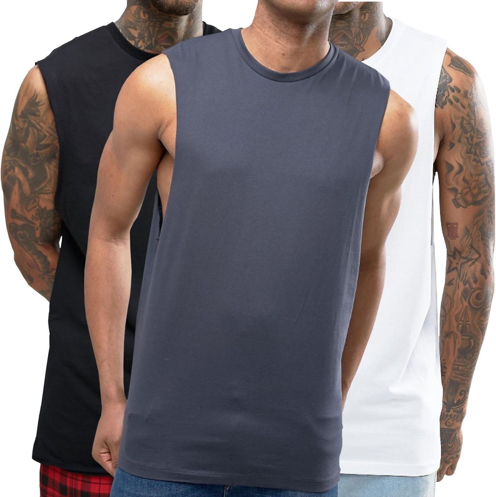 3 Pack Sleeveless T Shirt with Dropped Arm Hole Vest Tank Top White Black Grey