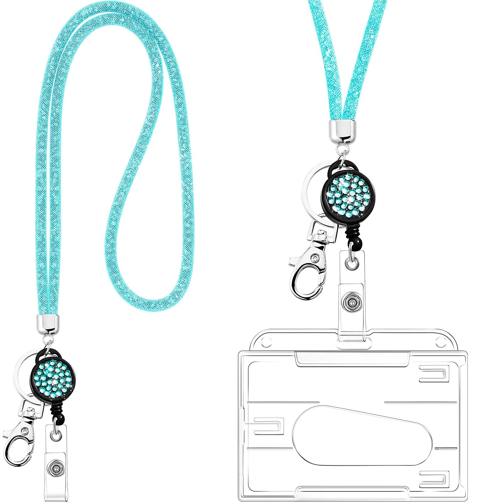 Frienda Badge Holder with Lanyard, Crystal Lanyard Necklace with Transparent ID Card Holder Keyring, Bling Rhinestone Clear Badge Holders Neck Strap for Keys ID Badge (Blue)