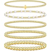 Gold Beaded Bracelets for Women, 14K Real Gold Plated Jewelry for Women Dainty Pearl Bead Bracelets Stack, Non Tarnish Trendy